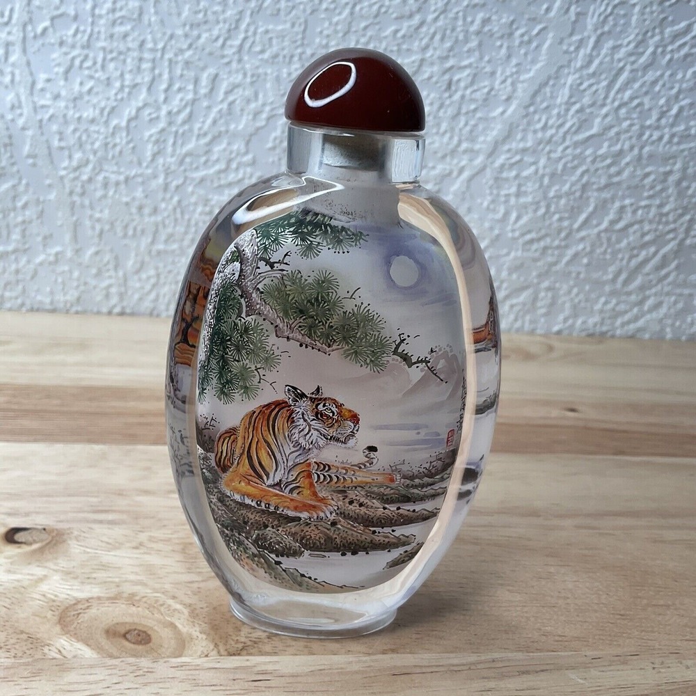 Vintage Hand Carved Crystal‎ Snuff Bottle Reverse Painted Tiger Signed 5"